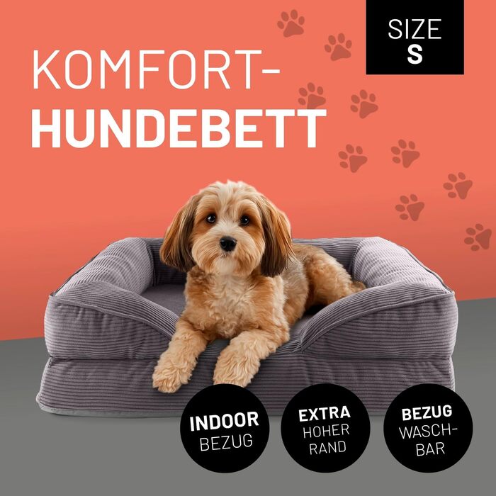 Ортопедичне собаче ліжко Lumaland з корду | Собаче ліжко-софа 70x60 см - для маленьких собак | Нековзне дно | Знімний, пральний чохол та наповнювач | Корд, Memory Foam - Сірий колір 70 x 60 см - Розмір S