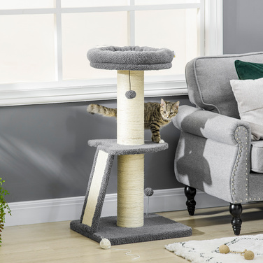 PawHut Cat Tree Велике 92 см Котяче дерево з імітацією баранячої шкіри, дряпаючим стеблом, платформою та ігровим м'ячем, темно-сіро-кремово-біле