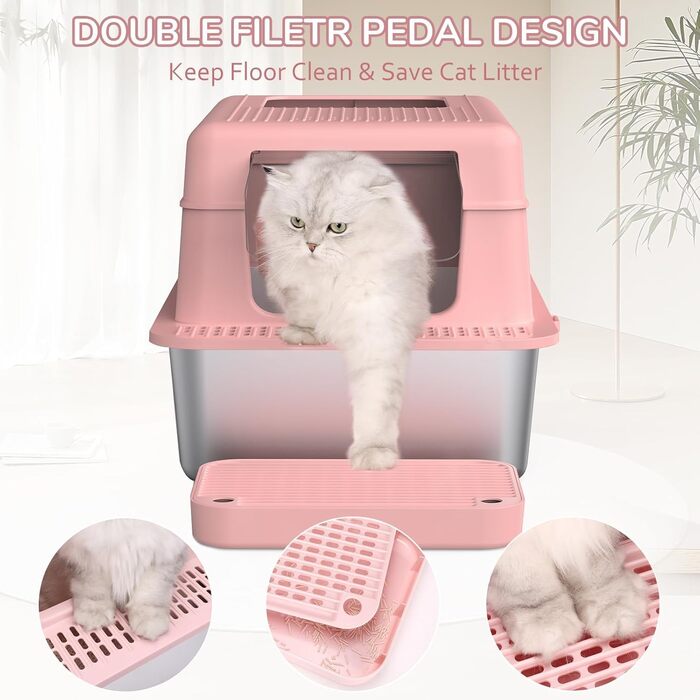 Котячий туалет з нержавіючої сталі з кришкою 60x40x39 см, 36 л, подвійний фільтр, совок, високий борт, закритий, легке очищення, рожевий