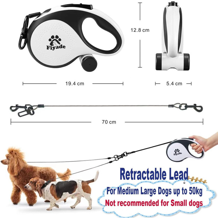 Висувна поводок для собак, 5 м, поводок-рулетка з ланцюгом, подвійний поводок для 2 собак, подовжений поводок для середніх та великих собак до 50 кг, білий та чорний, з пряжкою
