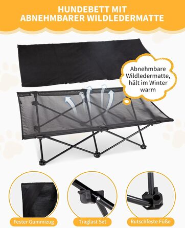 Ліжко для собак KingCamp підвищене, вуличне, чорне 57x57x23 см (L 121x68x30 см) - дихаючий сітчастий матеріал, антиковзні ніжки