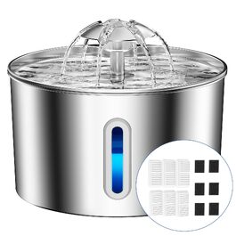 Фонтан-поїлка для котів із нержавіючої сталі, 2.2л, безшумний з LED-підсвіткою та системою фільтрації (3 вугільні фільтри, 6 губок)