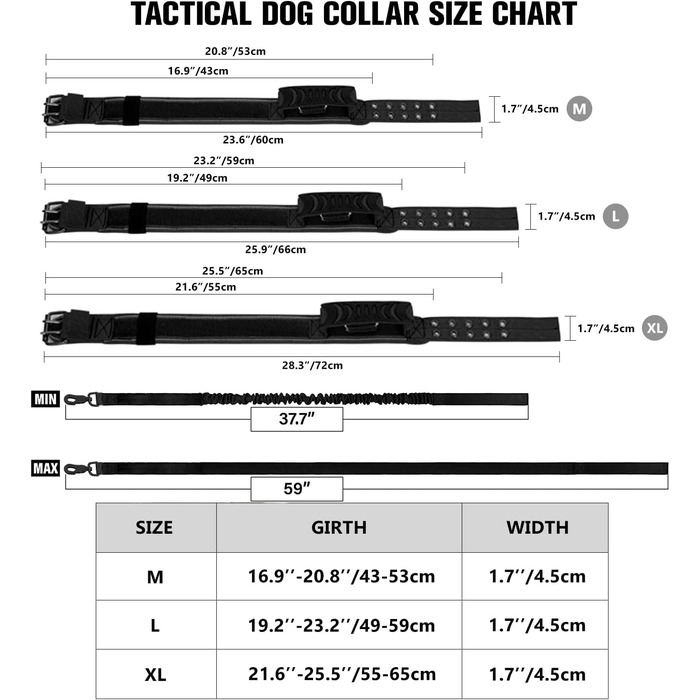 Тактичне обіднє нашийник для собак з ручкою та повідок, військовий нашийник. М'яка підкладка, нейлон, регульований, для середніх та великих собак XL, чорний P5