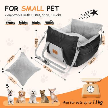 Автокрісло для собак Nobleza - зручне ліжко для маленьких собак, з кишенями та змінним подушкою, 58x56x33 см, бавовна, плюш, пластик/метал