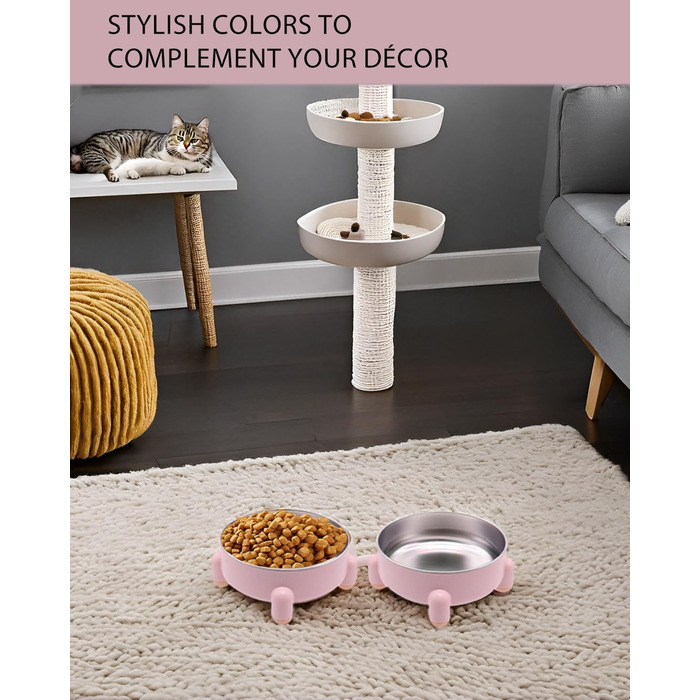 Миски для котів та собак з нержавіючої сталі, антиковзні, підняті, набір 2 шт (білі та рожеві)