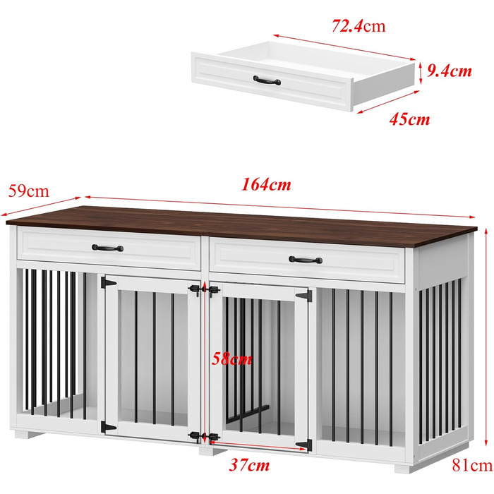 Клітка для собак з 2 ящиками та 2 дверцятами, біла та темно-коричнева, MDF, 160x60x80 см. Підходить для 2 собак