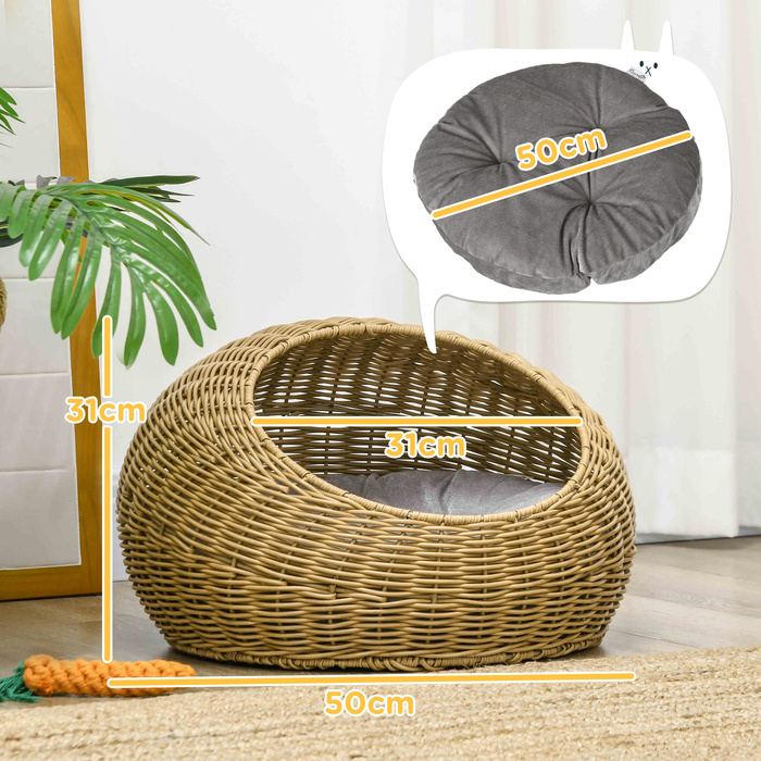 PawHut Rattan Cat Basket Cat House з подушкою для котів до 4 кг, кімнатна котяча печера з поліетиленового ротанга, Ø50 x 31 см, світло-коричневий для затишного відпочинку