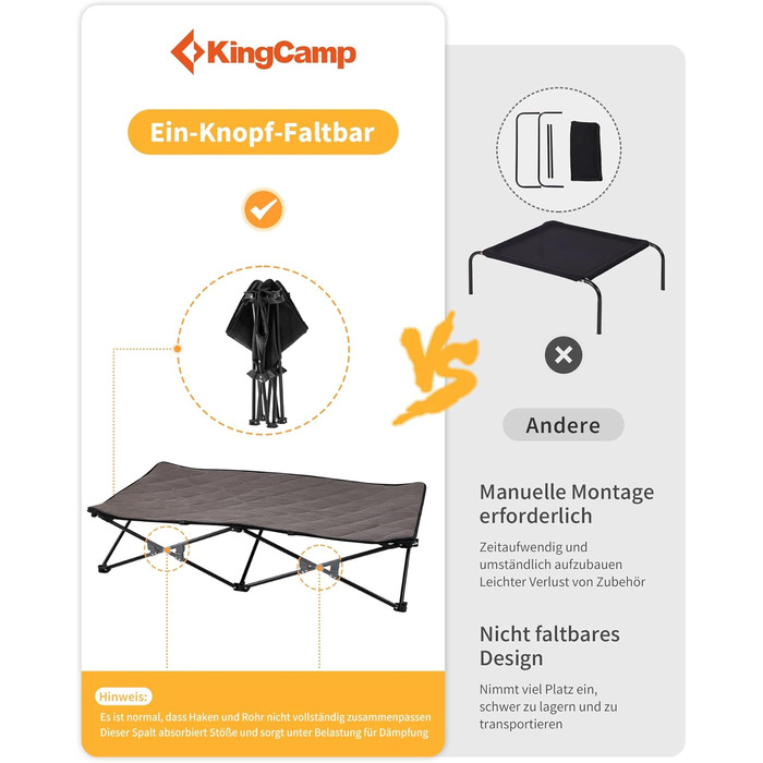 Ліжко для собак KingCamp підвищене, вуличне, чорне 57x57x23 см (L 132x68x29 см) - дихаюча сітка та фліс