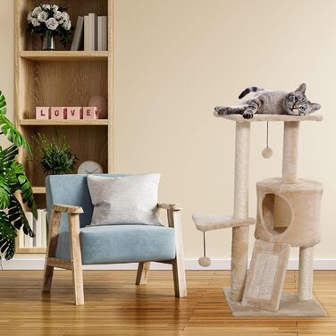 Дряпалка для котів PATAM з натурального сизалю, з котячою печерою та рампою, посилена основа, легка збірка - висота 83,5 см, іграшки Беж (Беж)