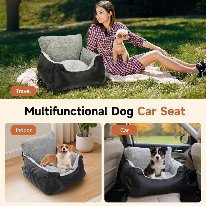 Зручний автокрісло для собак з кишенею, водонепроникне ліжко для подорожей з неслизьким дном, м'яке автоліжко для маленьких собак, 55 x 50 x 35 см, чорний