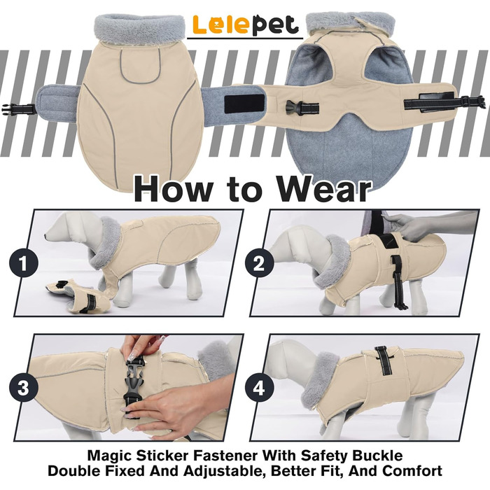 Теплий зимовий пуховик для собак Lelepet, водонепроникний, з флісовою підкладкою, світловідбиваючими елементами, отвором для шлейки, великий розмір XL, бежевий