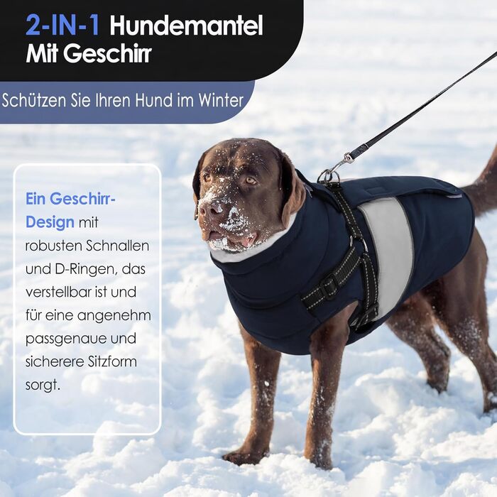 Зимовий водонепроникний теплий зимовий одяг для собак AOFITEE, великі породи, з кріпленням для повідка, флісова жилетка, вітронепроникний, для німецьких вівчарок, синій, 3XL, темно-синій