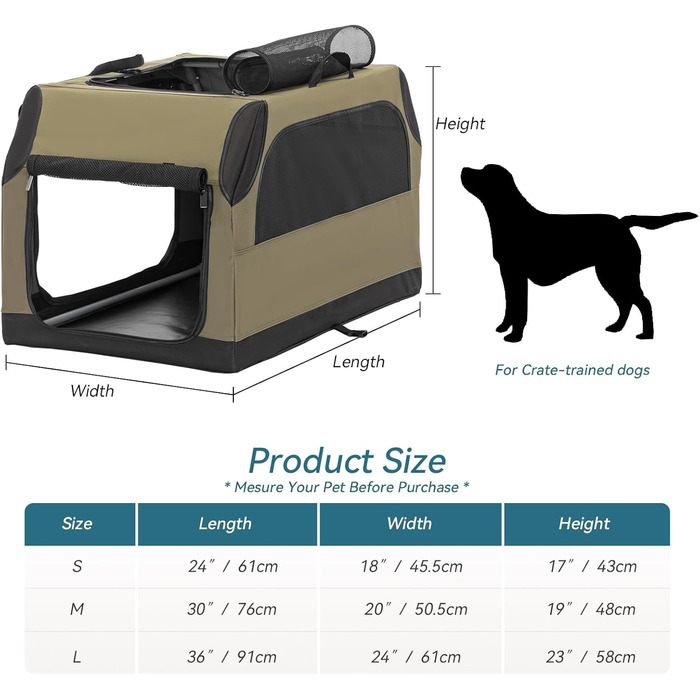 PETSFIT переносна переносна собача переноска для автомобіля та дому, M (76x50x48 см), армійний зелений