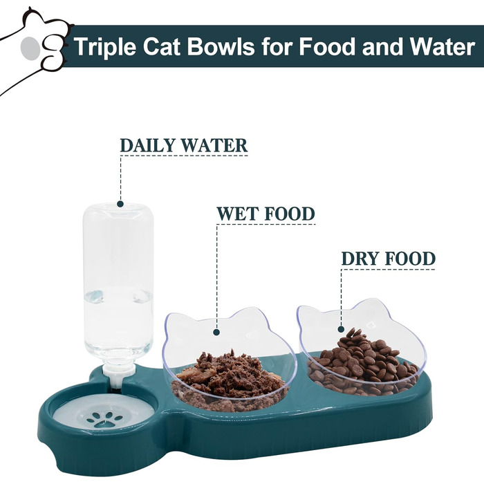 Набір мисок для котів та собак з диспенсером води, киликом та лопаткою, нахил 15°, миски для сухого та вологого корму, темно-синій