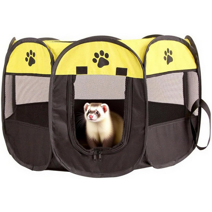 Клітка-забіг для цуценят 74x74x43 см – портативна клітка для собак та котів – клітка для кроликів та інших дрібних тварин – безпечний забіг для дому та вулиці (жовтий + лапа собаки)