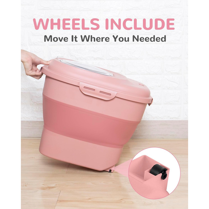 Контейнер для зберігання корму для собак 9-13.6 кг з колесами, повітряно-щільною кришкою, рожевий. Підходить для собак, котів та інших тварин.