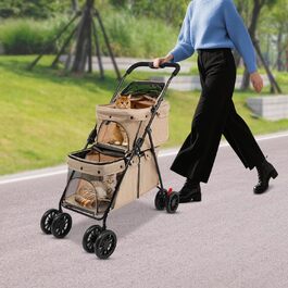 Двоповерховий візок для собак, розкладний візок для котів з ременями безпеки, гальмами, вантажопідйомність 15 кг на кожному поверсі, для собак та котів середніх та маленьких порід, візок для собак (колір хакі)