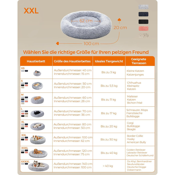 Кругле ліжко для собак та котів Feandrea Ombré Grey, 100 см, знімний м'який наповнювач, довгий плюш, 100 x 100 x 20 см