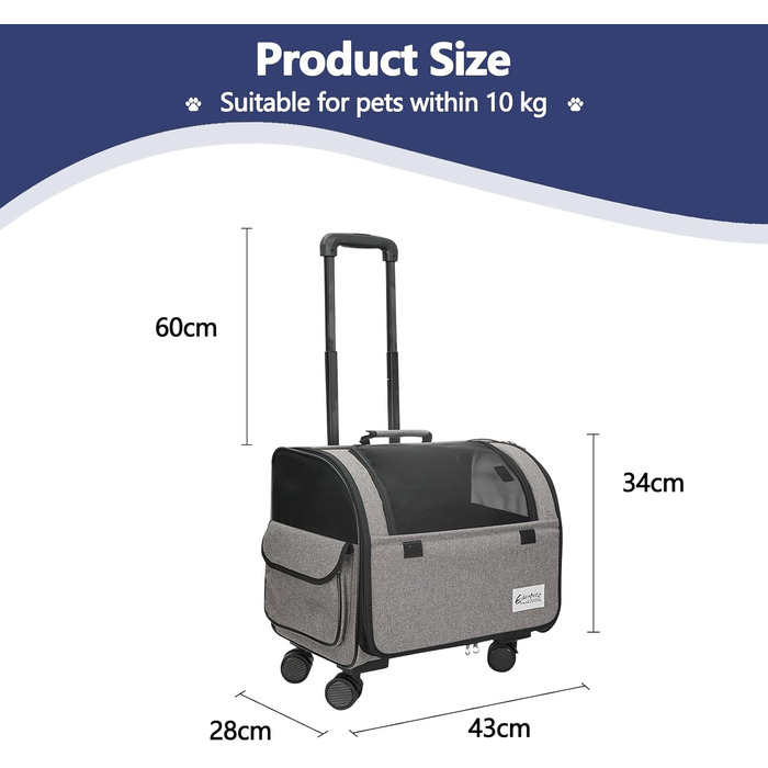Сумка-переноска для собак та котів Galatée з колесами, розкладний рюкзак для тварин, дитяча коляска для домашніх улюбленців (сірий)