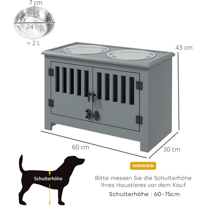 Підставка для годівлі собак PawHut з двома мисками, 2 x 2L, нержавіюча сталь, сіра