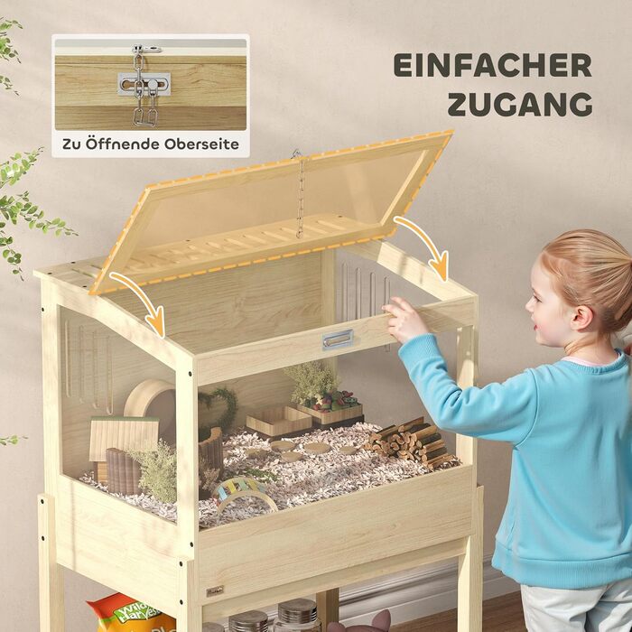 Клітка для хом'яків PawHut 2 поверхи, для дрібних тварин з відкидним дахом, 83,2 x 50 x 103 см, натуральне дерево