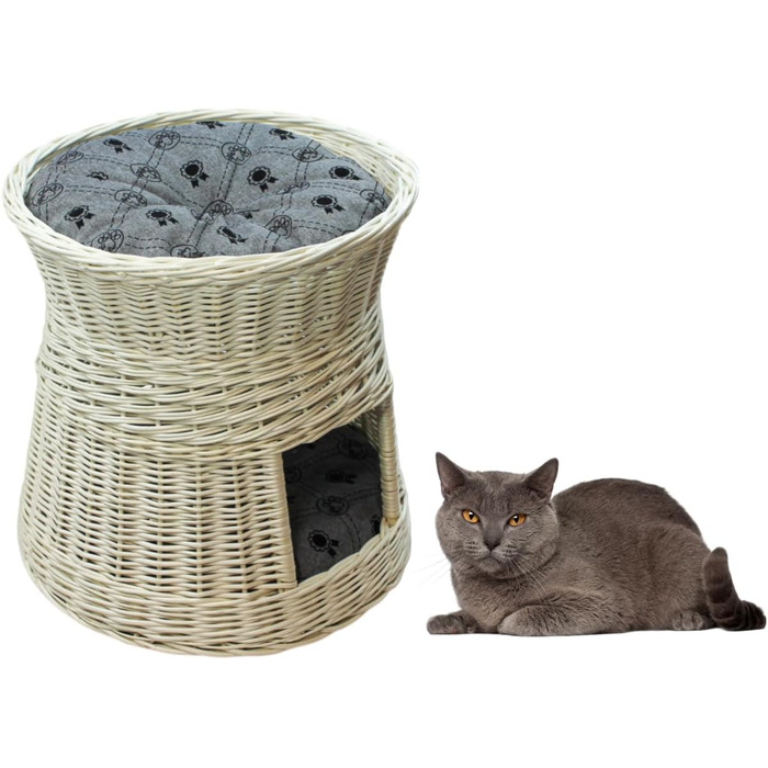 Кігтеточка-ліжко для котів: кругла хатинка з лози, 2 поверхи, білий колір, сірий лежак
