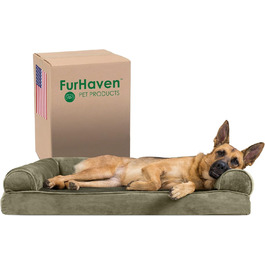 Ліжко для собак XL Furhaven з піною Memory Foam, велюрове та штучне хутро, диван-стиль, знімний та праний чохол, темно-зелене