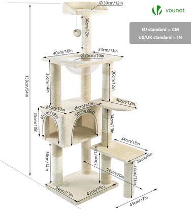 Когтеточка для котів Vounot XXL 215см, багатоярусна, з гамаком та корзиною, стабільна, сіра (бежева XL)