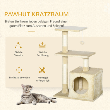 Кігтеточка PawHut з сизалем, Дряпаюче дерево з платформами, Спальна печера, Кігтеточка, Стайня, Кімнатний котячий будиночок, 50x30x80см| Аосом