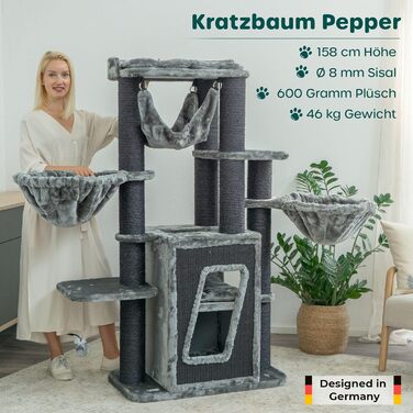 Дряпка для котів HAPPYPET Pepper 157 см, преміум XXL, для великих котів, з натуральним сизалем, будиночком та лежанками, сірий