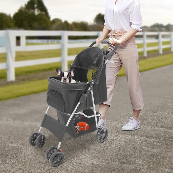 Візок для собак до 15 кг, 62x44.5x101 см, 4 колеса, складний, для маленьких та середніх собак/кішок, з кошиком для зберігання, чорний, Oxford Tuch + вуглецева сталь