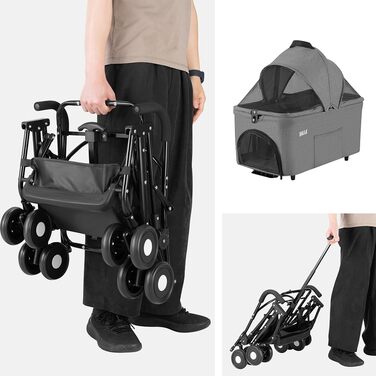 Дитячий візок для тварин BAKAJI 2 в 1, до 40 кг, складний, з капсулою та кошиком для зберігання (сірий)