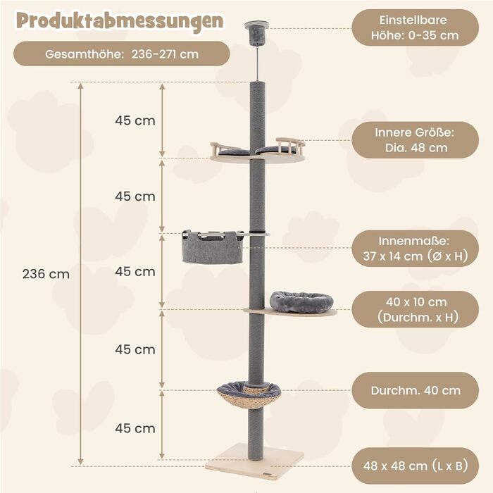 Високий дерев'яний кігтеточка для котів COSTWAY 236-271 см, 5-рівневий, з гамаком, кошиком і лежаком, сірий