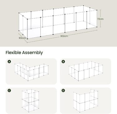 Кігульник для кроликів та інших дрібних тварин EUGAD, 16 прозорих панелей, 50x72 см, розширюваний, для кроликів, морських свинок, хом'яків, їжаків, 302x102x72 см (16 шт.)