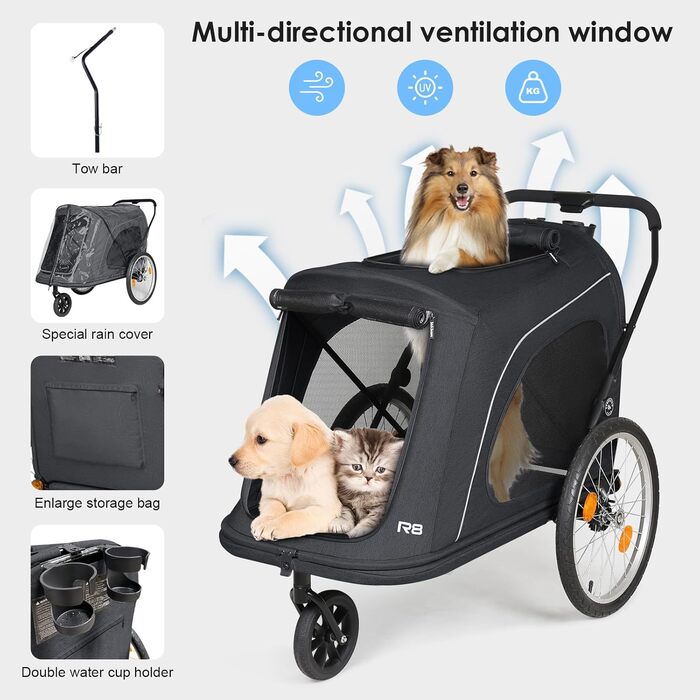 Beberoad 2-в-1 Причіп для собак на велосипед та візок, складаний, до 45 кг, R8 (Чорний)
