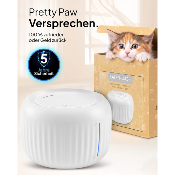 Фонтан-питилка для котів Pretty Paw з безшумним насосом, LED-підсвіткою та вугільним фільтром, 2.5 л, білий