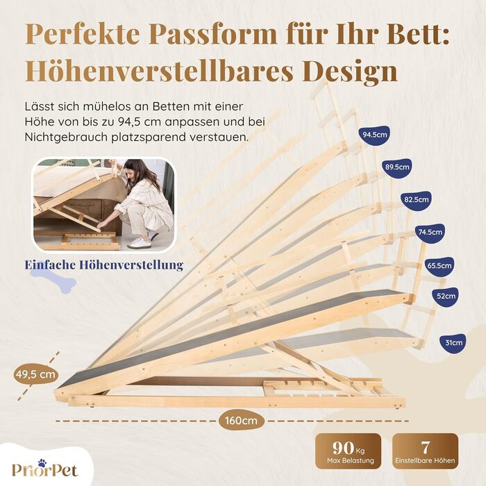 Сходинки для собак до ліжка з поручнями - для великих собак до 90 кг - регульована висота до 94.5 см - ширина 49.5 см - складаються - антиковзні ручки - з натурального березового дерева - колір натуральний