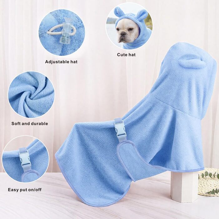 Рушник для собак Mosucoirl, халат для домашніх тварин з мікрофібри, швидковисихаючий, з капюшоном, бавовна (XS, блакитний)