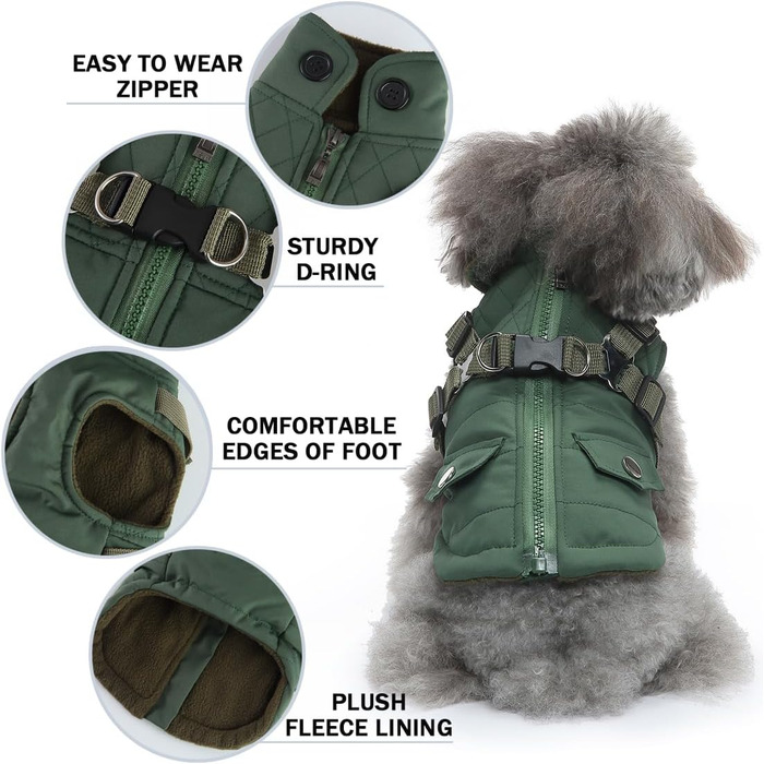 Вітростійка куртка для собак, тепла жилетка для цуценят та собак середніх розмірів, зелена, XL. З D-початком та блискавкою на спині.
