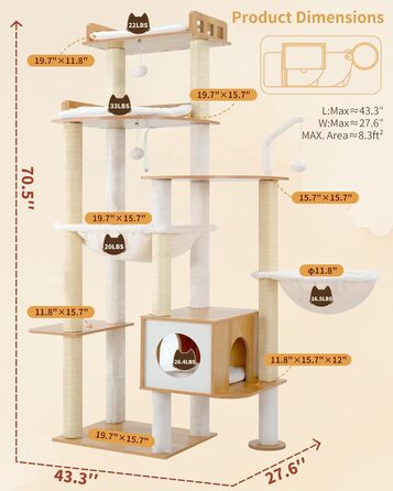 Дерев'яний котячий комплекс Heybly Kratzbaum HCT121WB: 179 см, платформа, будиночок, гамак, сизаль, стабільний, легка збірка