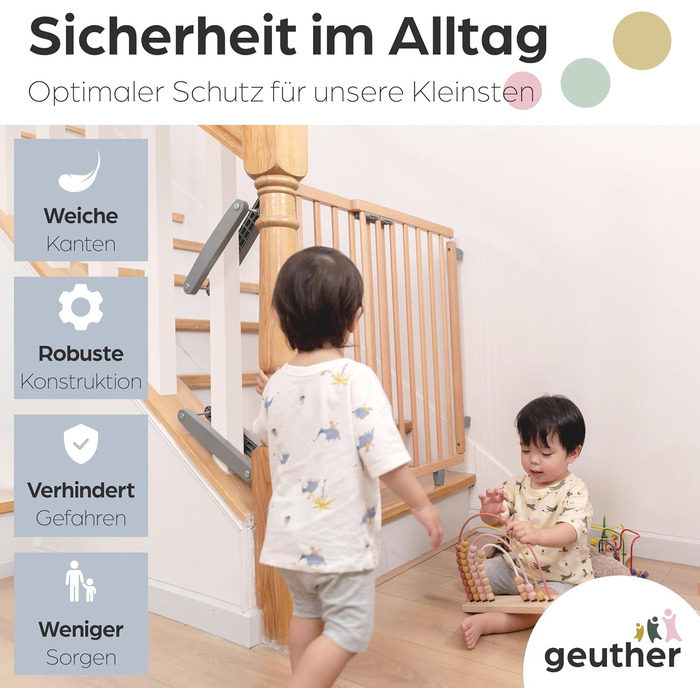 Захист для сходів Geuther Oris | Дверний захист для сходів з кріпленням, ширина 67-95 см | Стабільний захист з розпашною дверцятами | Дерев'яне дитяче гiтер, натуральний лак 67-95 см