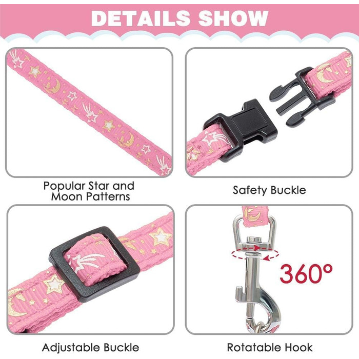 Шлейка для кота PAWCHIE з повідком та ошийником, антивипадкова, регульована, світиться в темряві, для кошенят, для прогулянок на вулиці (Рожева, Small)