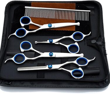 Набір професійних ножиць для собак та котів: ножиці з нержавіючої сталі, ножиці для фінальної обробки, прямі та вигнуті ножиці, гребінець для грумінгу