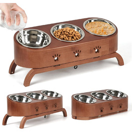 Набір мисок для котів JAZUIHA (3 шт.) з підняттям, ергономічні, 15° нахил, регульована висота, дерев'яний підставник, нержавіюча сталь Ø12 см, темно-коричневий
