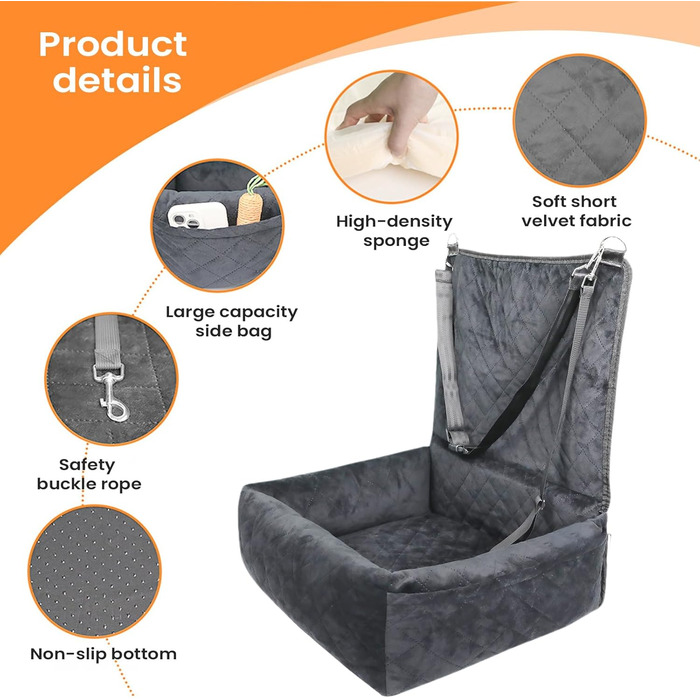 Автокрісло для цуценят та собак | Складане автоліжко | Зручне та безпечне перевезення тварин | Сіре
