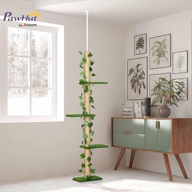 Кігтеточка PawHut для котів, регульована висота 202-242 см, з кріпленням, ігровий комплекс з джуту, зелено-жовтий