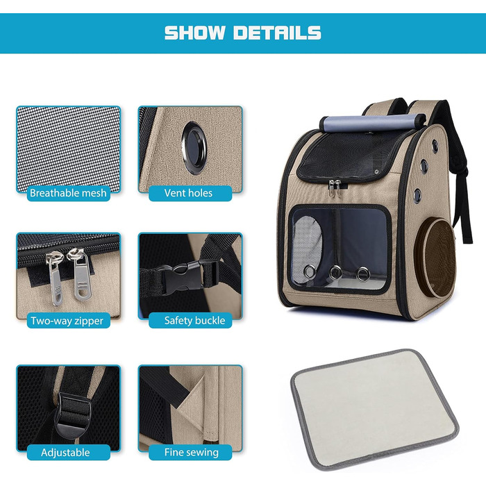 Рюкзак для собак та котів PETCUTE: дихаючий, знімний килимок, складаний, регульований. Підходить для маленьких собак та котів. Колір: хакі