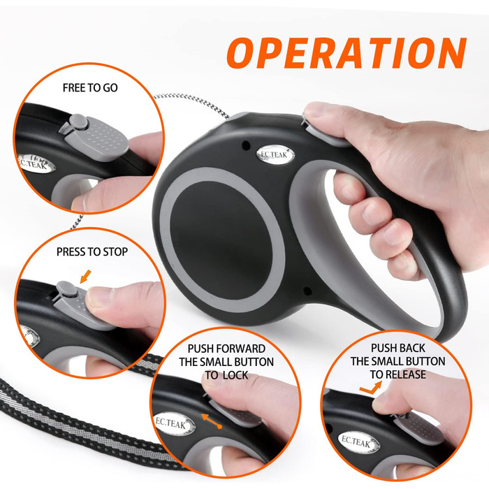 Рулетка для собак EC.TEAK, 9.1 м, для середніх та великих собак до 35 кг, міцна, не заплутується, чорна