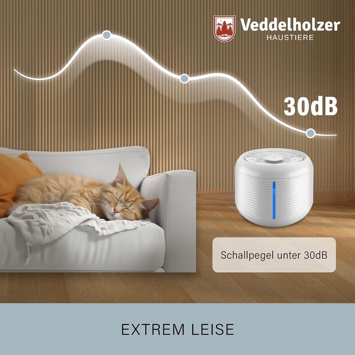 Бездротовий фонтан-поїлка для котів та собак Veddelholzer, 2.8 л, з датчиком руху, 4-рівневим фільтром та акумулятором 5200 мАг, білий