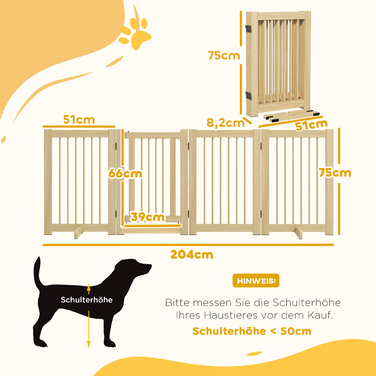 PawHut Barrier Dog Freestanding, 200 см, Ворота для собак Складні з дверима, Дерево, Натуральне Дерево